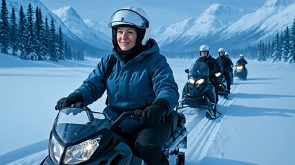 Smiling Woman Leads Group Snowmobiling Through Pristine Snowy Mountain Landscape