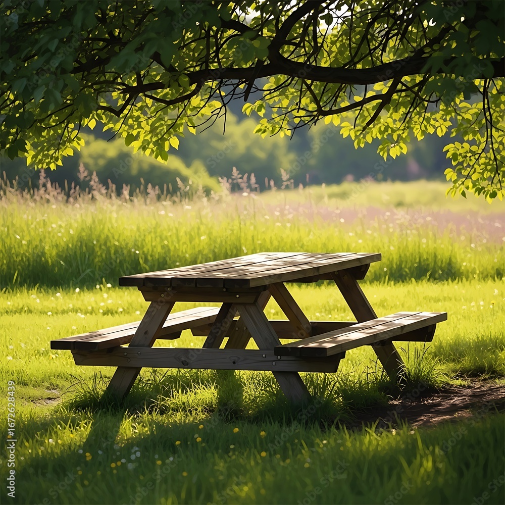 Poster picnic table in nature setting under tree branches with green leaves and grass field