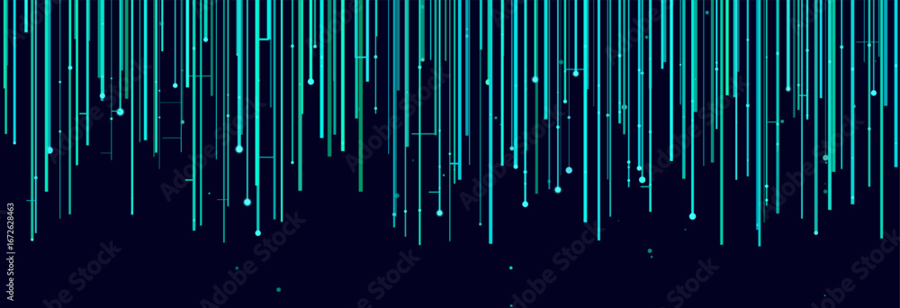 Poster futuristic vector tech background with blue vertical lines and digital patterns.