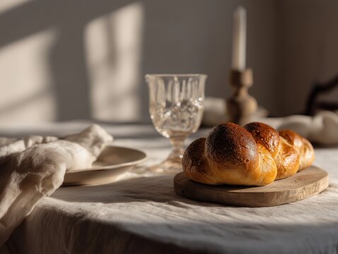 Elegant Shabbat table setting with round challah and candleholder in soft light