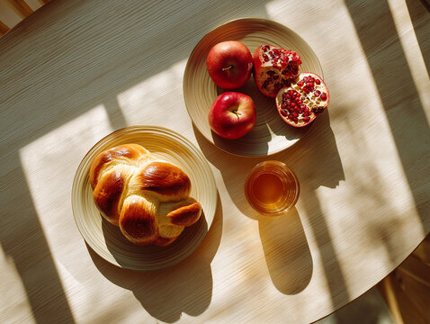 Overhead view of Rosh Hashanah table with challah, apples, honey, and pomegranate