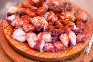 Close up of Galician Style Octopus with Paprika Pulpo a Feira a Traditional galician Tapa