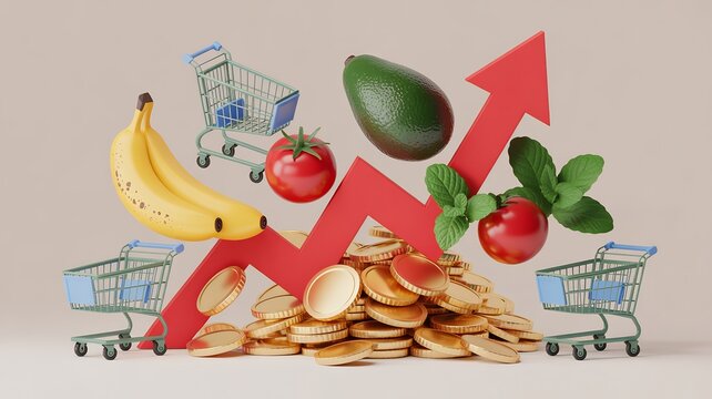 Rising food prices illustrated with fruits vegetables and a red upward trending graph symbolizing economic inflation