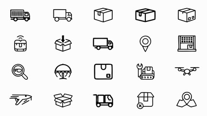 Illustration of a set of logistics and shipping icons including trucks boxes and delivery related elements