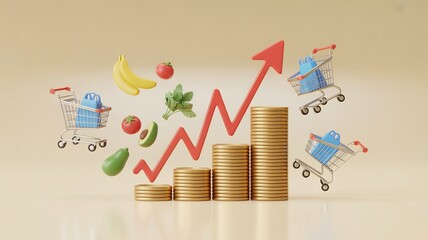 Rising grocery prices illustrated by a growing stack of coins and a red arrow with shopping carts and food items