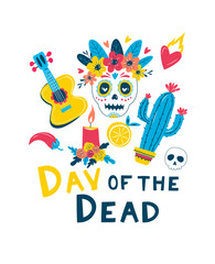 Colorful Day of the Dead Skull with Flowers, Guitar, and Candles, Mexican Fiesta Illustration. Cute Sugar Skull Cartoon for Dia de los Muertos Celebration, Festive Vector Illustration Design