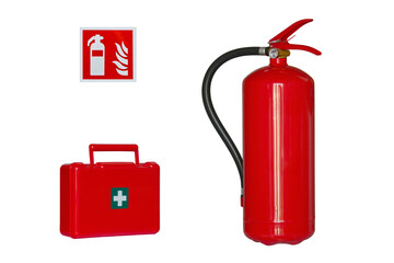 fire extinguisher, first aid kit and safety sign isolated on white background