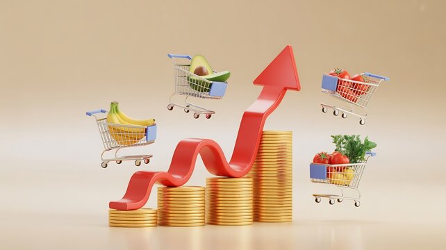 Rising grocery prices illustrated by a red arrow graph ascending through stacks of gold coins and shopping carts filled with food items