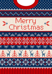 Merry Christmas Knitted Sweater Design Cozy Holiday Pattern. Festive Red Blue Ugly Sweater with Reindeer Snowflakes. Knitted Christmas Greeting Card, Holiday Sweater Typography Vector Illustration
