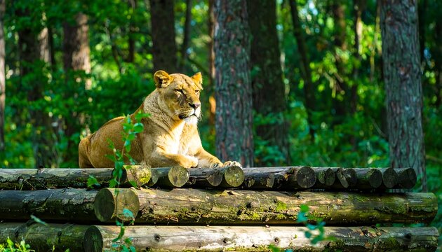 A majestic lioness rests serenely on a wooden platform amidst a lush forest. - Powered by Adobe