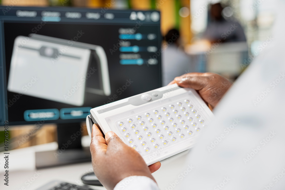 Poster close up of product designer in office creating compact solar device for sustainable energy projects