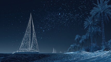 Naklejka premium Abstract sailing scene at night