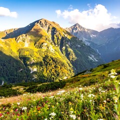Fototapeta premium Lush mountain slopes covered in vibrant wildflowers under a brilliant blue sky, showcasing a breathtaking alpine landscape.