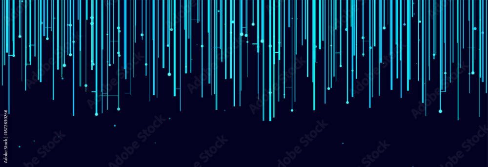 Poster futuristic vector tech background with vertical digital lines and particles.