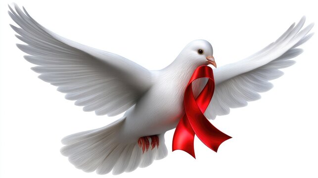 Pure white dove soaring, wings widespread, carrying a vibrant red ribbon, a significant emblem for national health awareness, HIV AIDS and aging populations. - Powered by Adobe