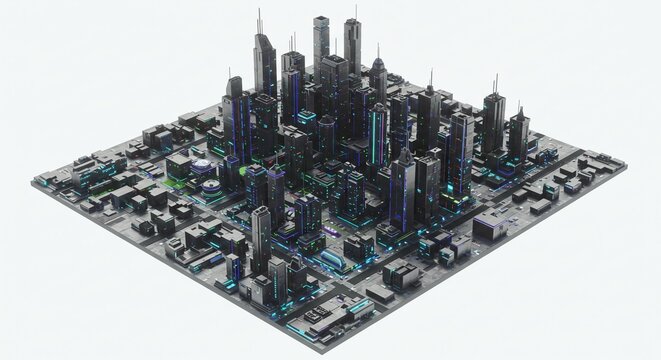 A computer city with a futuristic skyscraper showing a drone taking a photo of a miniature city, urban future concept, isolated on white