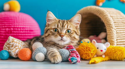 Adorable fluffy tabby kitten surrounded by colorful knitted balls and playful toys, relaxing in cozy pet setup with bright blue background.