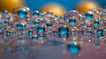 A scientific macro shot of translucent blue spheres and bubbles on a reflective plane, forming an abstract liquid pattern