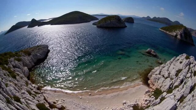 Stunning Aerial Detail of the Kornati Archipelago Islands in Croatia's Northern Dalmatia Region Showing Sunny Seascape with Crystal Clear Water
