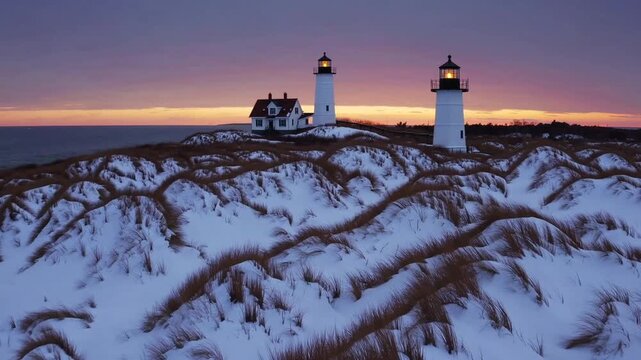 Beacon at Northeastern Coastal Location Surrounded by Snow-Covered Sand Mounds