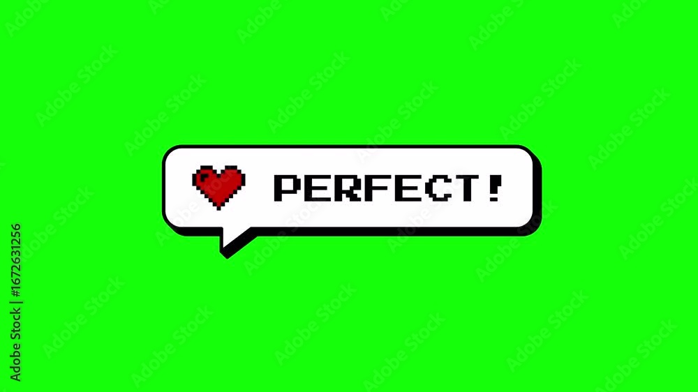 Poster perfect text in an 8-bits pixel art comment balloon. neubrutalism style animation with a heart icon.