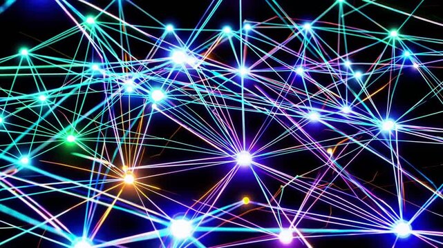 Futuristic digital data network abstraction with luminous interconnections on dark canvas, emblematic of technological linkage and info transfer