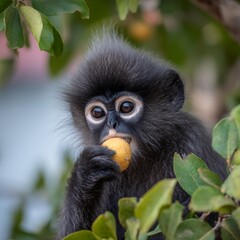 Obraz premium A captivating image of a monkey enjoying a fruit, nestled among lush green leaves. The monkey exhibits a curious gaze while relishing its meal