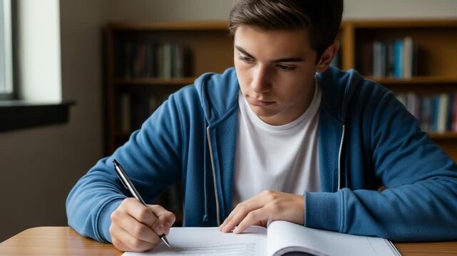 Focused teenage boy studying in a library. Young male student writing in a notebook at a desk. Concentrated high school or college student doing homework.