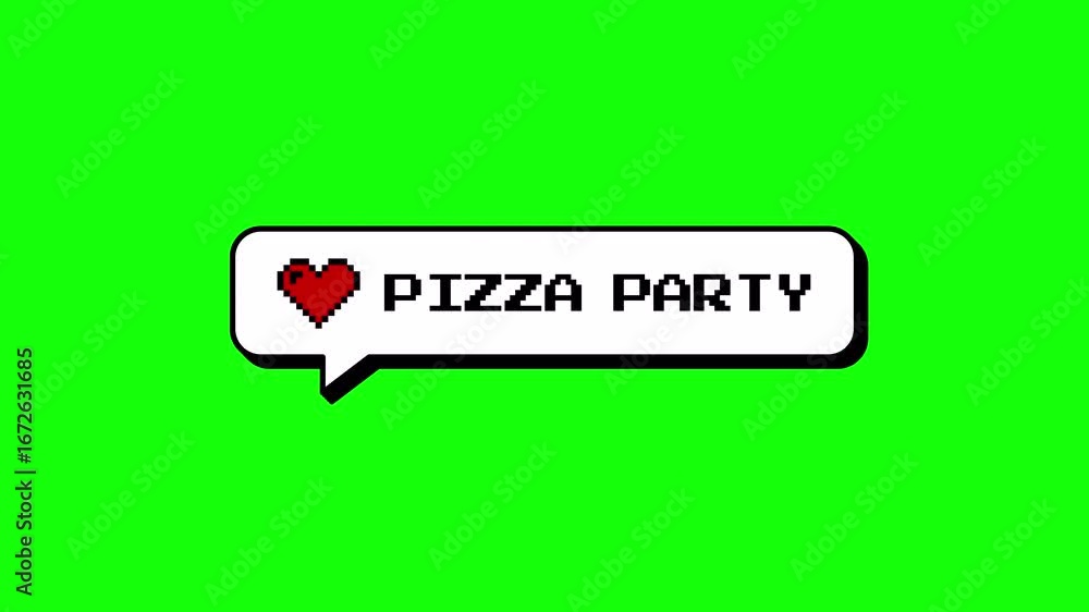 Poster pizza party text in neubrutalism comment balloon with 8-bits pixel art heart. retro game overlay ani