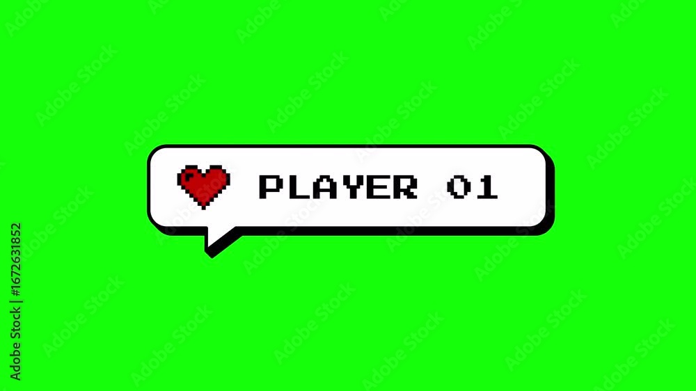 Poster player 01 text in a comment balloon with a heart icon. neubrutalism style with 8-bits pixel art anim