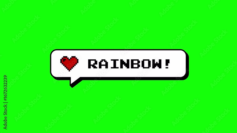 Poster rainbow word with a heart icon in a comment balloon. neubrutalism style animation, 8-bit pixel art g