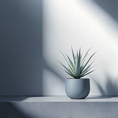 Minimalist Plant in Blue Pot, Modern Interior Design, Sunlight Shadow