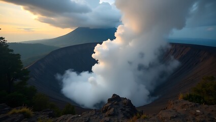 Fototapeta premium Volcanic crater with steaming turquoise lake at sunset with dramatic clouds