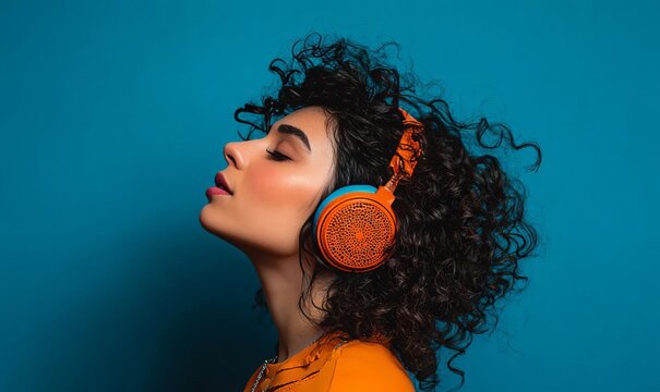 A young woman with curly hair is immersed in music while wearing bright orange headphones against a blue background
