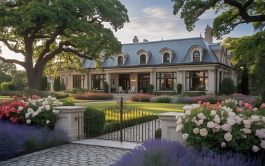 Grand two story southern colonial mansion with manicured gardens and mature trees in evening light