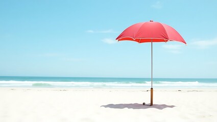 A solitary red umbrella stands on a sandy beach under a clear blue sky