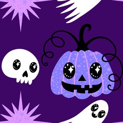 Autumn harvest vegetable seamless monster Halloween pumpkins pattern for wrapping paper and fabrics