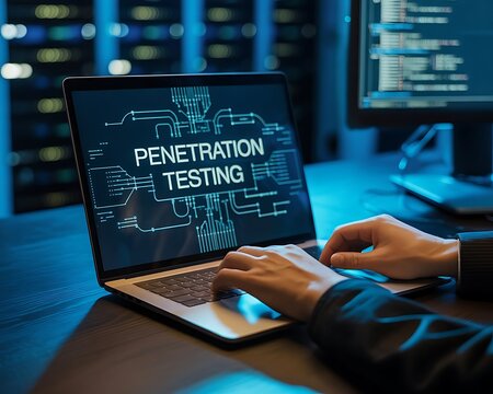 Modern laptop displays penetration testing and cybersecurity graphics with hands typing on keyboard