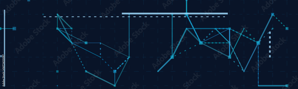 Poster futuristic vector tech background with abstract geometric lines and data elements.