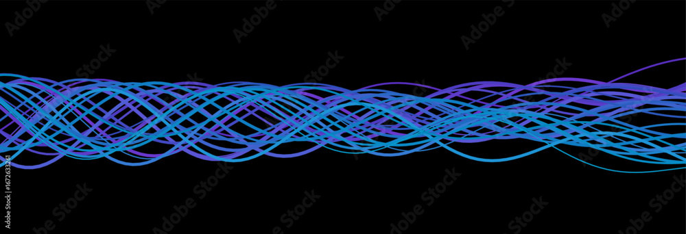 Poster dynamic waveforms in blue and purple on black vector tech background.