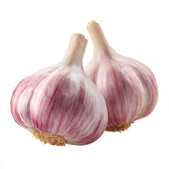 Two fresh, whole garlic bulbs, captured in sharp detail. The cloves display delicate pink hues, highlighting the bulb's texture