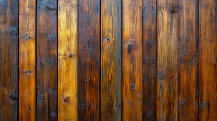 Fototapeta premium Close-up textured background of aged vertical wood planks, displaying rich dark and golden-brown tones, prominent grain, and natural knots.