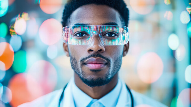 Focused Black man wearing futuristic smart glasses displaying data, possibly doctor or scientist, against vibrant bokeh background, symbolizing advanced technology, medical innovation, and AI in futur