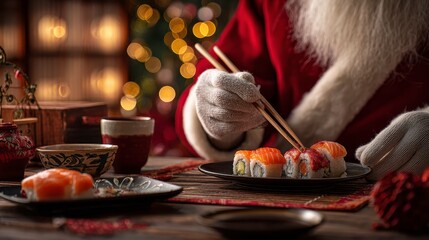 Santa Claus, dressed in red suit and white gloves, enjoys sushi with chopsticks at a cozy festive table. The scene blends Japanese cuisine with Christmas spirit, Christmas and sushi delivery