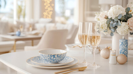Fototapeta premium Beautifully arranged dining table for celebratory event, adorned with sparkling champagne flutes, charming blue and white porcelain, soft floral centerpiece, and warm glowing holiday decor.