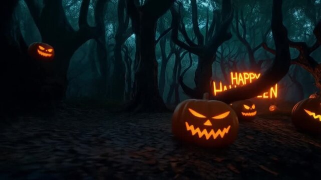Happy halloween text with glowing pumpkins in a spooky dark forest at night scene display image halloween background video