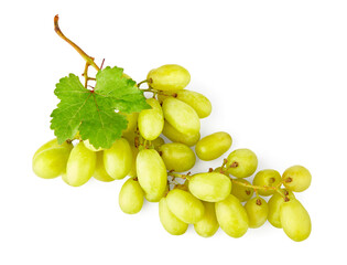 Cluster of ripe White grapes with green leaf. Yellow organic natural fruit isolated on white...