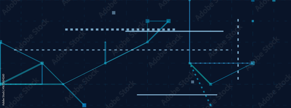 Poster abstract geometric design with lines and dots on dark blue tech background.