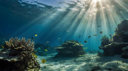 Obraz premium A breathtaking underwater seascape where brilliant sunbeams pierce the tranquil blue ocean, illuminating a vibrant coral reef teeming with diverse marine life