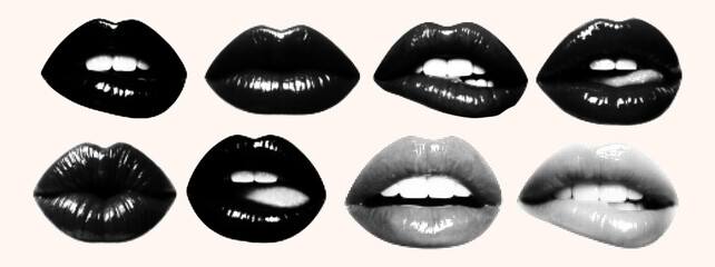 Halftone pop art collage of lips. Beauty concept on beige background